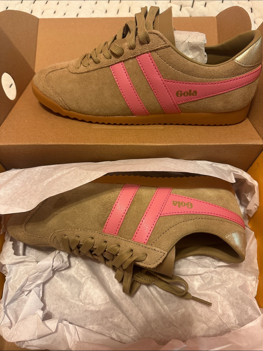 Gola Tan Suede Sneakers with Pink Stripe Detail